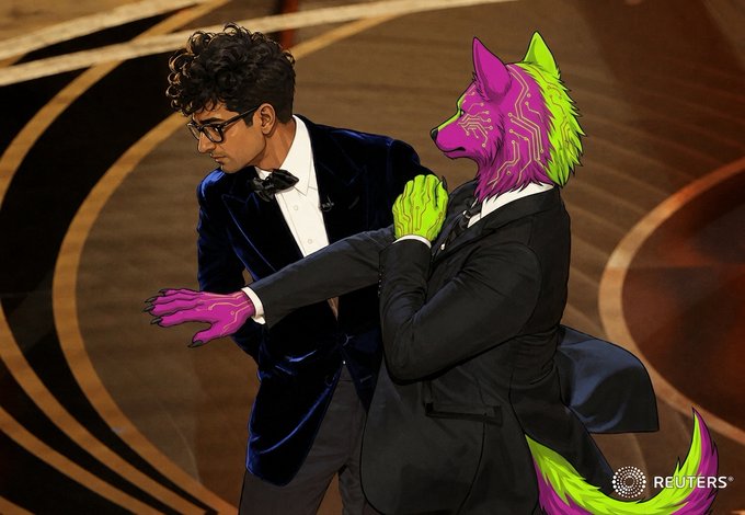 A Reuters photo from the Oscars featuring a man in a navy suit dancing with a person in an elaborate pink and green furry wolf costume.