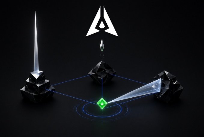 A dark 3D-rendered graphic featuring black geometric crystal formations with blue laser beams and a green octahedron, with a triangular logo at the top.