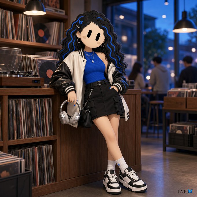 A stylized digital artwork of a cartoon-like woman with blue highlights in her dark hair, wearing a varsity jacket and holding headphones, posed in a record store.