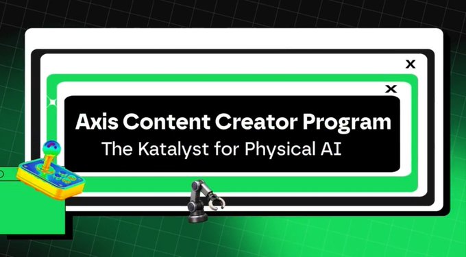 A digital graphic promotes the 'Axis Content Creator Program' with the tagline 'The Katalyst for Physical AI,' featuring a pop-up window design on a green grid background.