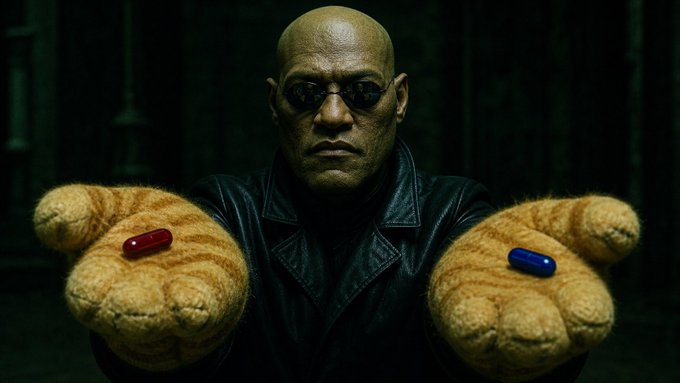 A bald man wearing dark sunglasses holds out two large furry paws, each displaying a single pill—one red on the left, one blue on the right—evoking the iconic "red pill, blue pill" choice from *The Matrix*, which mirrors the post's ultimatum to either sell at the dip or hold and "follow the rabbit hole."