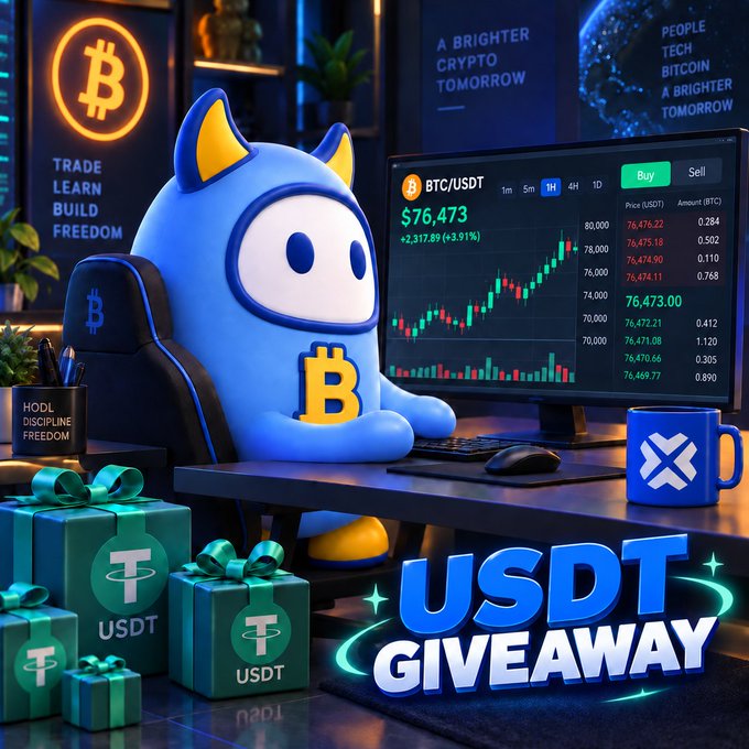 A promotional graphic for a USDT giveaway featuring a blue cartoon cat character with Bitcoin logo, showing BTC/USDT trading at $76,473 (+3.91%) on a monitor, with stacks of USDT gift boxes.