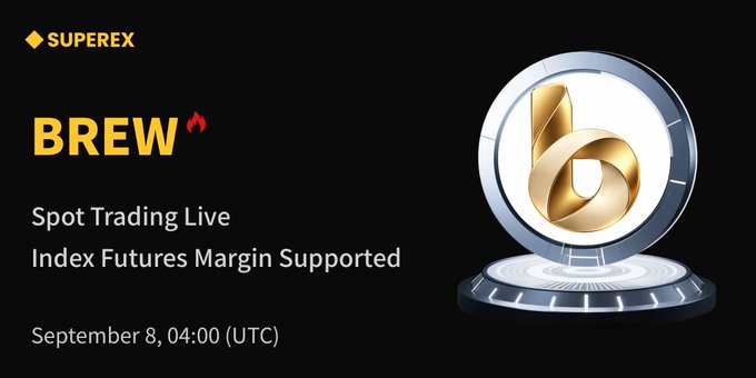 This image is a promotional announcement from SuperEx exchange announcing the listing of BREW (Brew) token, with spot trading live and index futures margin supported starting September 8, 2026 at 04:00 (UTC), featuring the SuperEx logo at the top, a golden 3D "b" emblem on a circular platform, and a fire emoji next to the bold yellow "BREW" text on a dark background.