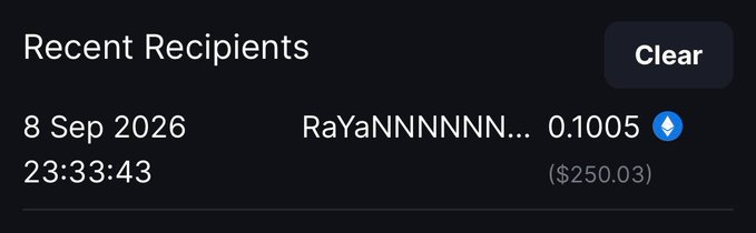 The image shows a "Recent Recipients" notification dated 8 Sep 2026 at 23:33:43, displaying a transaction of 0.1005 ETH (~$250.03) sent to the recipient "RaYaNNNNNN..", aligning with the post celebrating a $250 winner.