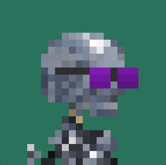 A pixel art illustration of a futuristic soldier or cyborg wearing a grey helmet with a purple visor, set against a solid green background.