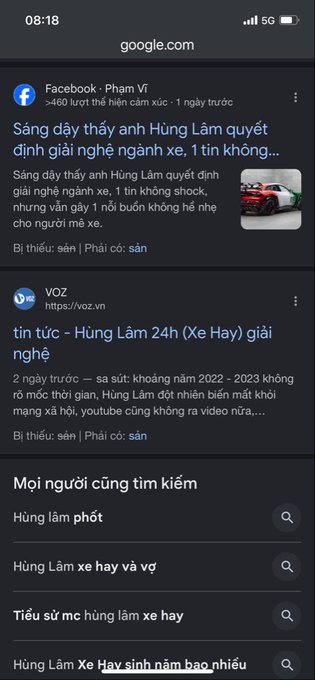 A mobile Google search results page in Vietnamese showing news about Hưng Lâm allegedly selling his car industry, with related searches about him being arrested.