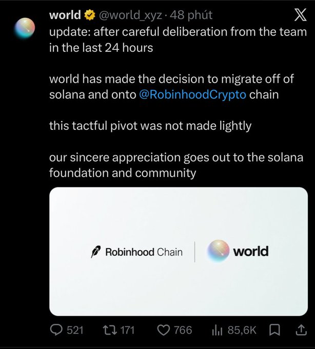 A tweet from "world @world_xyz" announcing the decision to migrate off Solana onto the @RobinhoodCrypto chain, with 85.6K views and a Robinhood Chain/World partnership graphic.