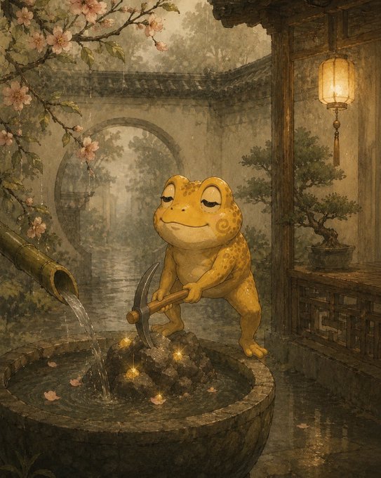 A golden toad strikes a nugget with a pickaxe beside a flowing water basin in a traditional East Asian courtyard, symbolizing the $JIN meme coin's theme of mining tokenized gold (XAUT) rewards within the emerging RWA narrative.