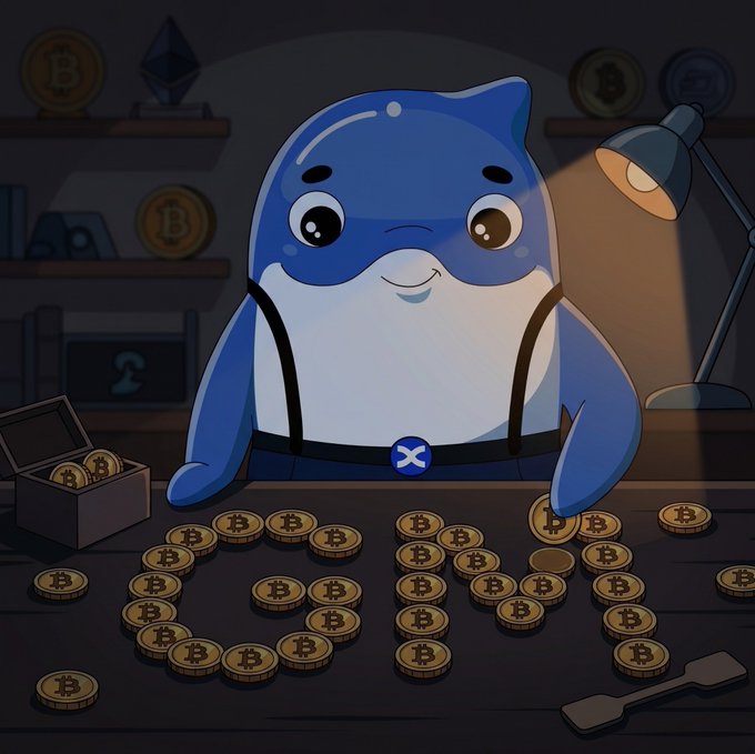 Cartoon illustration of a blue shark-like character with an X logo on its belt surrounded by scattered Bitcoin coins and a treasure chest.