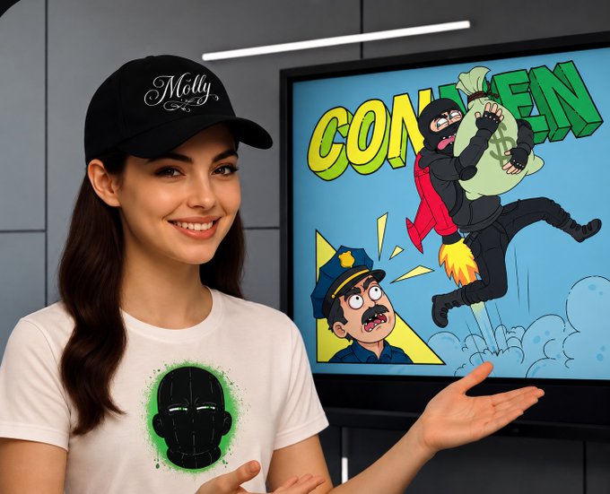 A smiling woman wearing a "Molly" cap and a t-shirt featuring a black robot-like character with glowing green eyes gestures toward a screen displaying the "CONMEN" NFT collection artwork, which depicts cartoon criminals in action—including a police officer and a thief with a money bag—perfectly illustrating the post's description of the Solana NFT project featuring an ambitious yet hilariously incompetent criminal crew.