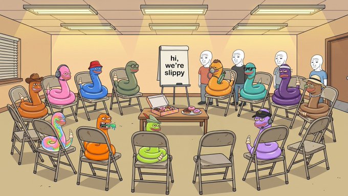 A cartoon illustration of a support group with colorful snakes and humans sitting in a circle, with a flip chart reading 'hi, we're slippy'.