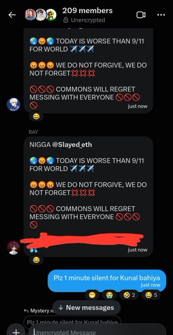 The image shows a Discord chat with 209 members where users are sharing distressing messages containing crying emojis and references to 9/11, with one user tagging "@Slayed_eth" repeatedly. The post reflects the user's distress and frustration about a situation affecting their friends, as they appeal to "@Slayed_eth" for help or action, aligning with the calls for justice visible in the chat.