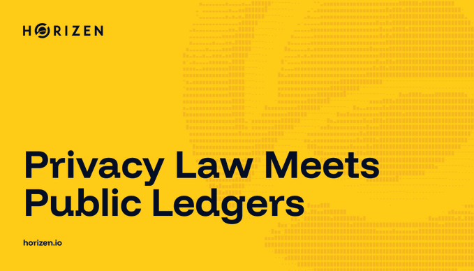 A yellow graphic with the Horizen logo features the text 'Privacy Law Meets Public Ledgers' and the website 'horizen.io'.