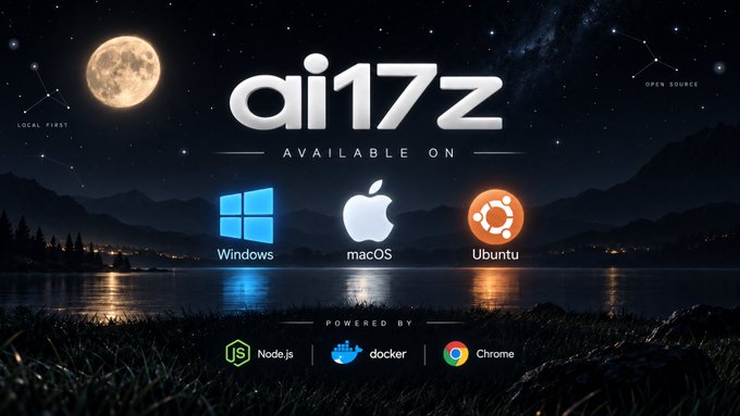 A promotional graphic for **ai17z** displayed against a serene nighttime lakeside scene with a full moon and starry sky. The central text "ai17z AVAILABLE ON" highlights compatibility across **Windows, macOS, and Ubuntu**, while the bottom "POWERED BY" section showcases the underlying technologies: **Node.js, Docker, and Chrome**. Small badges in the corners note "LOCAL FIRST" and "OPEN SOURCE."

**Relation to the post:** The image does not visually represent the post's content. The post discusses technical updates about autonomous engagement logic and Telegram ownership controls, while the image is a branding/platform compatibility banner for the ai17z project. They appear unrelated.