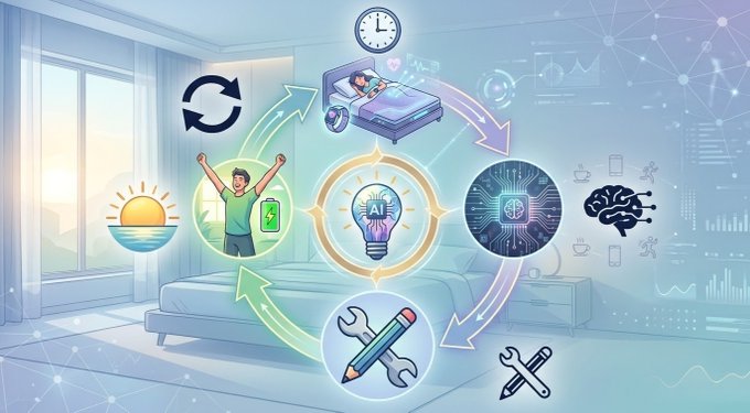 An illustrated infographic depicting a daily routine cycle with icons including a sunrise, person with a battery, AI light bulb, hospital bed, and brain, set against a bedroom backdrop with circuit/network imagery.