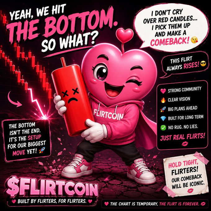 A promotional graphic for '$FLIRTCOIN' featuring a pink heart mascot holding a red candle, with slogans like 'YEAH, WE HIT THE BOTTOM. SO WHAT?' and 'THE CHART IS TEMPORARY. THE FLIRT IS FOREVER', alongside a red downward market chart.