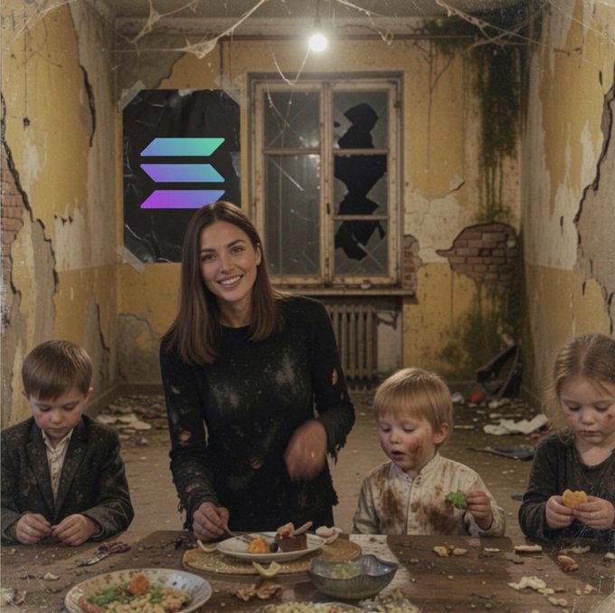 A smiling woman sits with three dirty, disheveled children around a meager table of scraps in a decaying, crumbling room with peeling yellow walls, a broken window, and the Solana (SOL) logo displayed on the wall — humorously illustrating the joke about missing out on early investment in Flare (FLR) at $0.006.