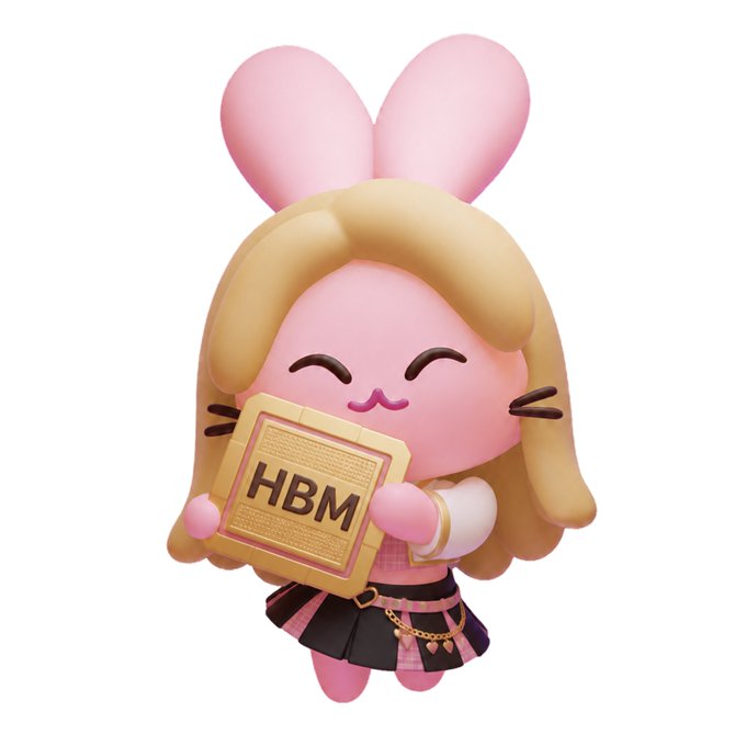 A cute 3D-rendered pink bunny character with long blonde hair holding a gold chip labeled 'HBM'.