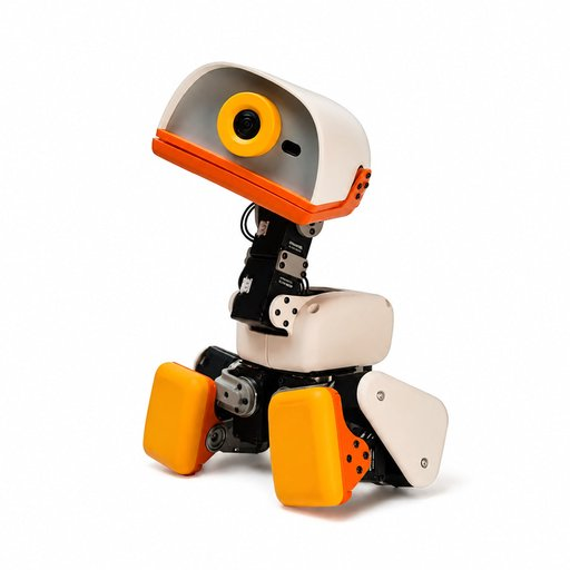 A small robotic figure with a beige and orange body, a single circular eye, and blocky yellow feet sits on a white background.