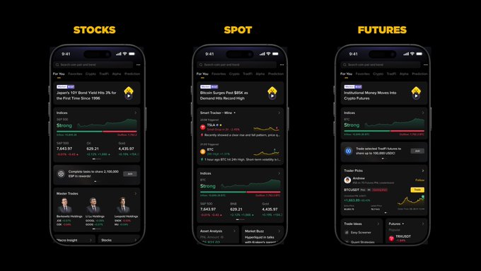 **Trading Apps:** Three smartphone screens displaying crypto trading apps labeled 'STOCKS', 'SPOT', and 'FUTURES' showing market data, with headlines mentioning 'Japan's 10Y Bond Yield Hits 2%' and 'Institutional Money Moves Into Crypto Futures'.