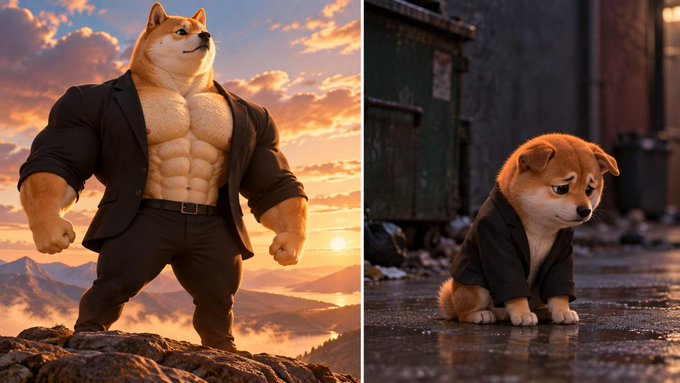 A split image showing a muscular Shiba Inu in a black suit posing powerfully on a mountain at sunset, contrasted with a small, sad Shiba Inu in a black suit sitting on a wet street.