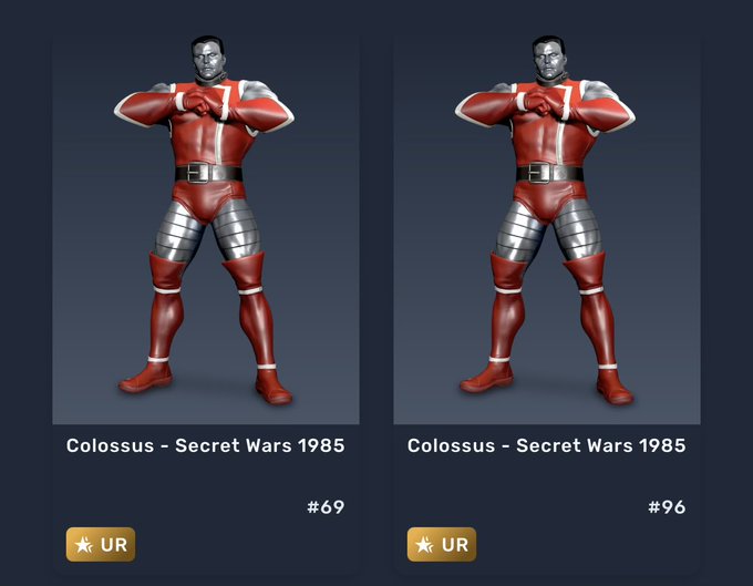 Two side-by-side character models of "Colossus - Secret Wars 1985" both marked as "UR" rarity, one numbered #69 and the other #96.