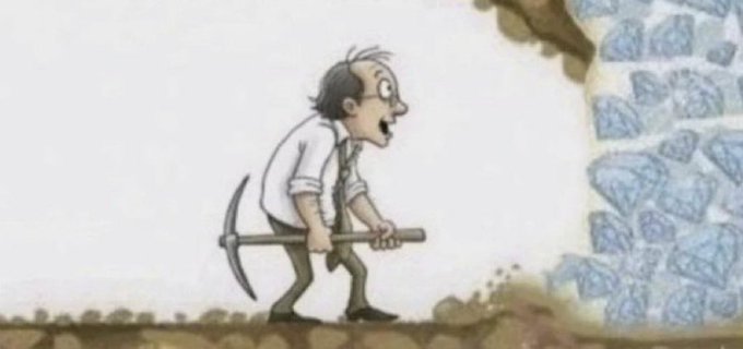 A man with a pickaxe digs frantically toward a giant glittering wall of diamonds, mouth agape in desperate determination. The image humorously visualizes the post's message about being just one lucky memecoin trade away from striking it rich.