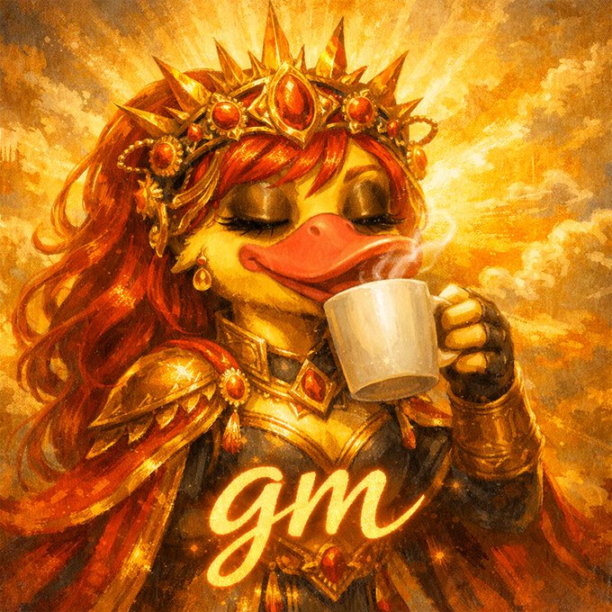 The image features a cartoon duck character dressed in medieval clothing, holding a cup of coffee with its beak open wide. The background shows a sunrise or sunset, adding a warm glow to the scene. The caption "Good morning Wallchain lovers A new day, a new chain of hope and success I hope your morning is as strong, safe and full of positive energy" is written below the image. This suggests that the cartoon character might be promoting a product or service related to mornings and starting the day with positivity.