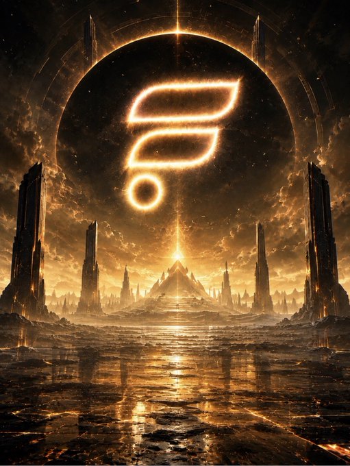 A dramatic fantasy artwork depicts a glowing golden F (Flare) symbol above a dark citadel and reflective waters under an orange sky.