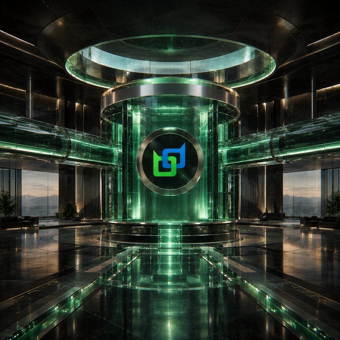 A futuristic sci-fi architectural interior features a central cylindrical glass chamber illuminated with green light, displaying a green and blue logo, surrounded by metallic walls and glass tubes extending outward.