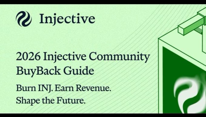 The image features a green banner with white text that reads "Injective injective Community BuyBack Guide" against a gray background. The banner also includes an illustration of a green box, which appears to be a representation of the community participating in reducing supply.
