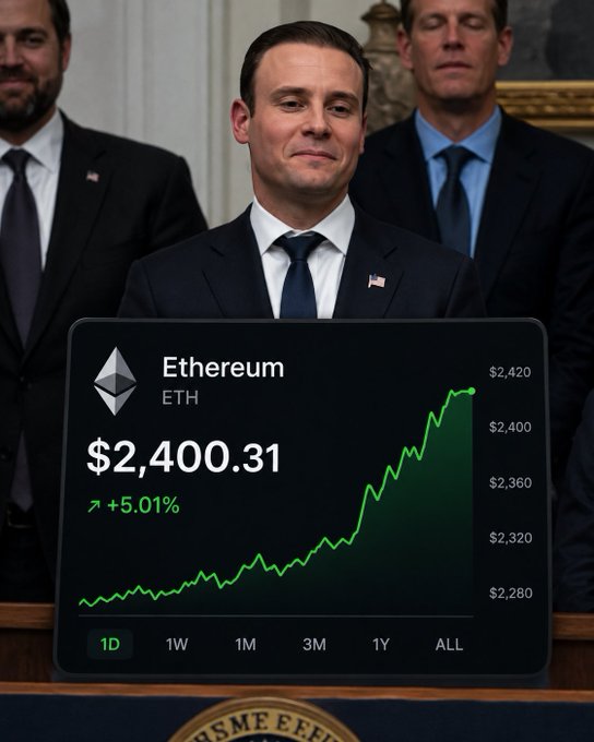 A man in a suit standing at a podium, with an overlaid Ethereum (ETH) price chart graphic showing a value of $2,400.31 and a +5.01% increase.