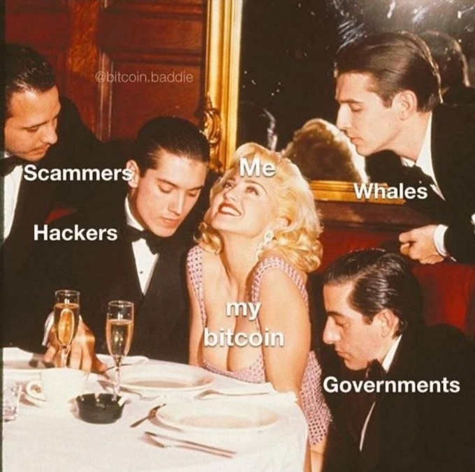 A vintage-style meme showing a woman labeled 'Me' and 'my bitcoin' surrounded by men labeled 'Scammers', 'Hackers', 'Whales', and 'Governments', watermarked '@bitcoin.baddie'.