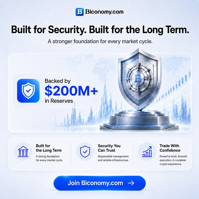 A promotional banner for Biconomy.com featuring a vault-like shield with a Bitcoin symbol on a pedestal, alongside the headline "Built for Security. Built for the Long Term" and a callout highlighting "$200M+ in Reserves." The image visually reinforces the post's emphasis on security, stability, and $200M+ reserve backing for long-term crypto trading confidence.