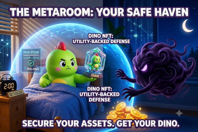 A crypto/NFT promotional graphic titled 'THE METAROOM: YOUR SAFE HAVEN' featuring a green dinosaur character holding a 'Dino NFT' shield against a purple monster, with text promoting 'PHY-POW' on Solana and 'SECURE YOUR ASSETS. GET YOUR DINO.'