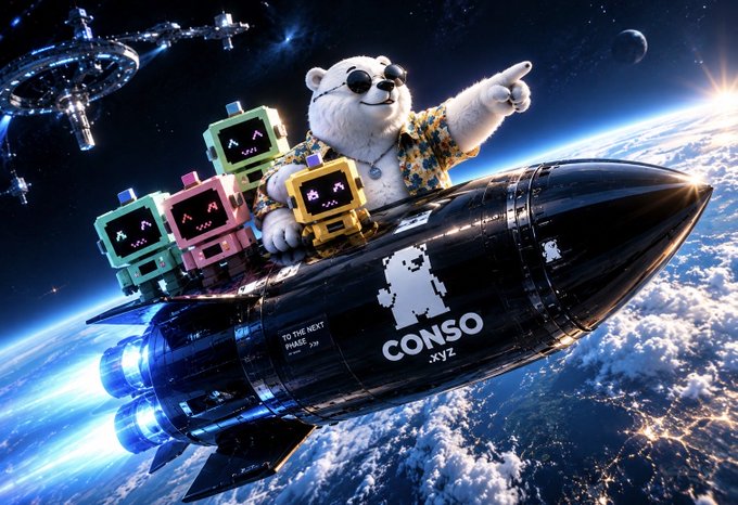 Surreal AI-generated image of a polar bear wearing sunglasses and a floral shirt riding a black rocket labeled 'CONSO' through space, accompanied by pixel-art robot characters.