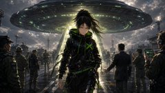 A sci-fi illustration of a woman standing beneath a hovering UFO as a crowd of people watch in the background.