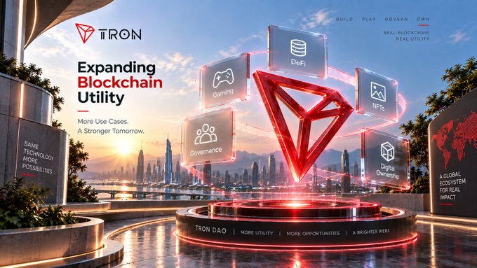 A promotional banner for the TRON blockchain featuring its red triangular logo and the text 'Expanding Blockchain Utility', surrounded by floating icons for DeFi, Gaming, NFTs, Governance, and Digital Ownership.
