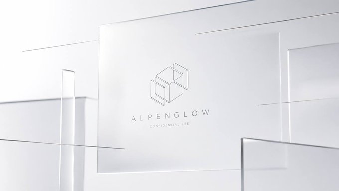 A clean, minimalist white logo presentation displaying the "ALPENGLOW" brand name with "CONFIDENTIAL TEE" tagline beneath a geometric cube icon.