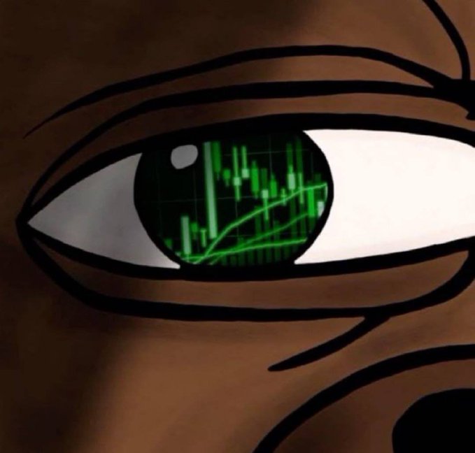 A close-up cartoon eye with a green stock chart reflection in the iris symbolizes the intense market research mentioned, scanning for the "1000x runner" and "20M MC" opportunity. The financial graph embedded in the eye visually reinforces the promise of finding a breakout stock before sharing it.