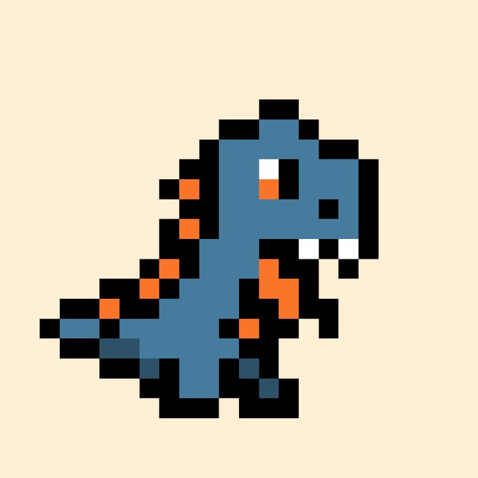 A pixel art illustration of a blue dinosaur-like creature with orange spikes along its back, set against a cream background.