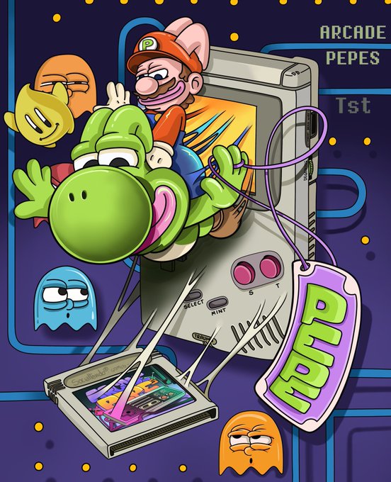 A retro arcade-style illustration featuring Mario riding Yoshi bursting out of an old TV, surrounded by Pac-Man ghosts, with text 'ARCADE PEPES Tst' and 'PIPE' on a price tag.
