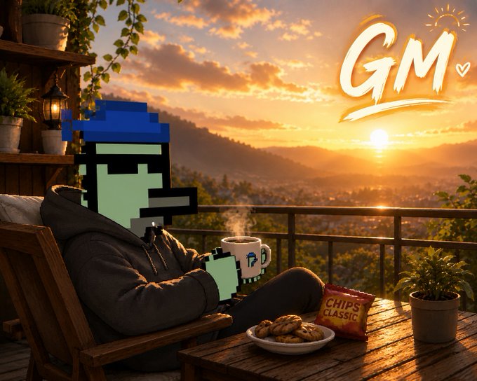 A pixel-art character wearing a blue bandana and gray hoodie relaxes on a balcony at sunset with a mug and a bag of 'CHIPS CLASSIC,' with 'GM' written in stylized text in the upper right corner.