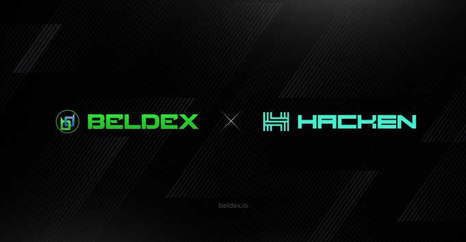 A promotional banner showing the 'BELDEX x HACKEN' collaboration logo on a dark background with the URL beldex.io.