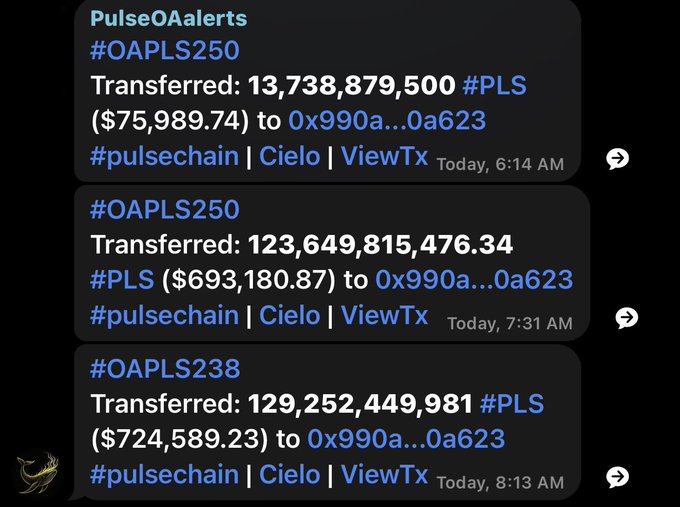 Telegram alerts from PulseOAlerts show large PLS token transfers on #pulsechain: 13,738,879,500 #PLS ($75,989.74), 123,649,815,476.34 #PLS ($693,180.87), and 129,252,449,981 #PLS ($724,589.23), all sent to address 0x990a...0a623, labeled with hashtags #OAPLS250, #OAPLS250, and #OAPLS238.
