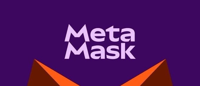 The 'MetaMask' logo in white and purple text on a dark purple background with orange geometric shapes.