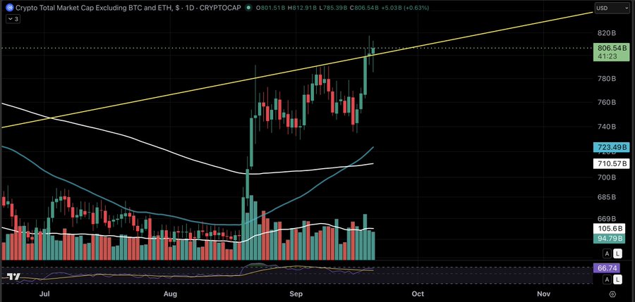 A TradingView chart titled 'Crypto Total Market Cap Excluding BTC and ETH' on a daily timeframe, showing price action from July to November with moving averages.