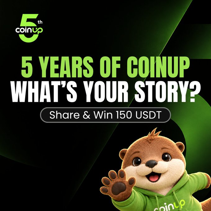 A promotional graphic celebrating CoinUp's 5th anniversary with the text '5 YEARS OF COINUP WHAT'S YOUR STORY? Share & Win 150 USDT' and a cartoon mascot waving.