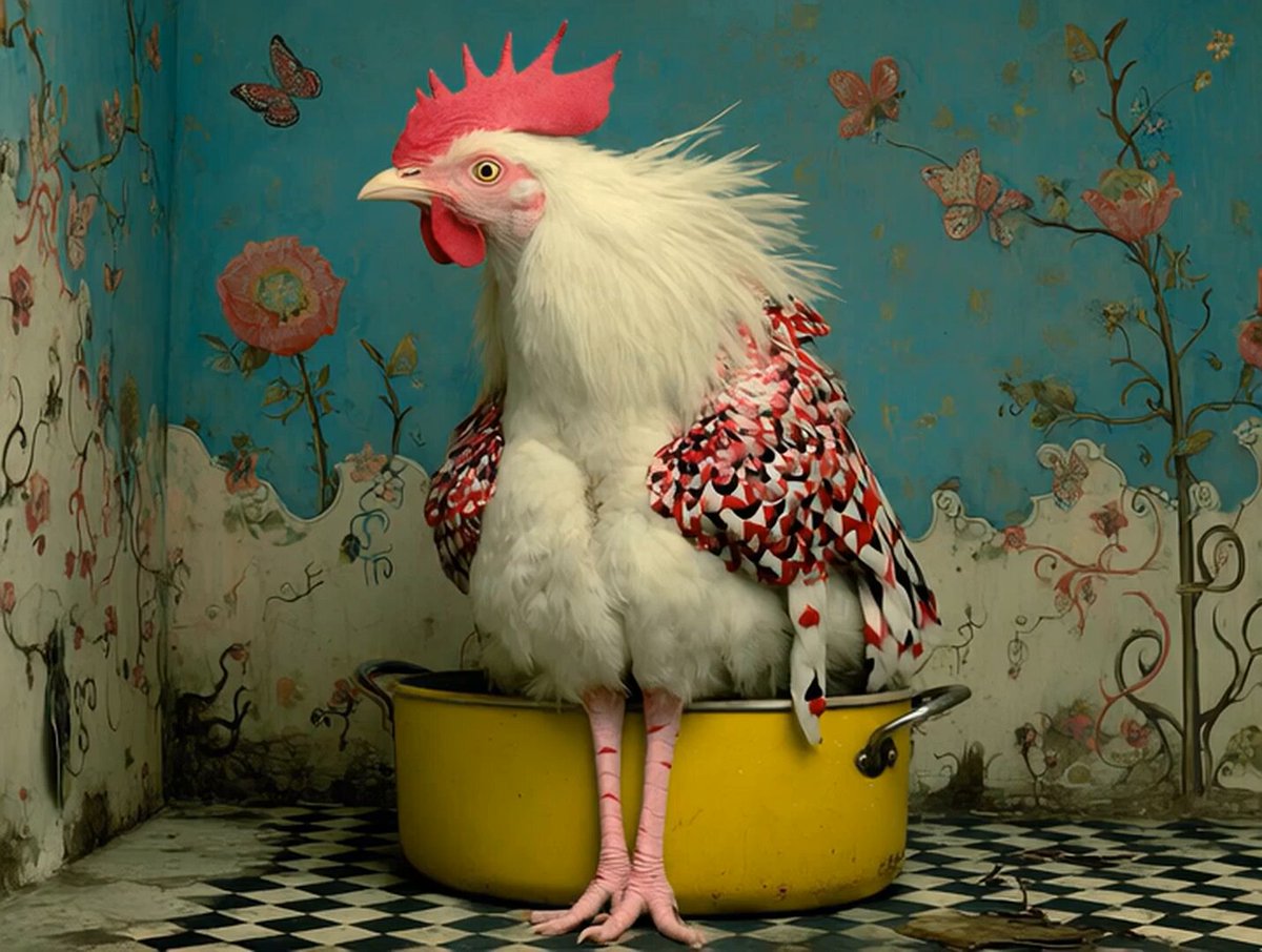 The image features a white chicken with red spots sitting inside a yellow pot, which appears to be filled with soup or water. The background of the image includes a blue wall adorned with pink flowers and butterflies. The caption at the bottom of the image reads "Happy Tezos Day fam I’ve just released my new drop Chicken Soup Do you believe our fate is already written? (in comments)". This suggests that someone has posted this image on social media, possibly to celebrate Happy Tezos Day or share a humorous moment.