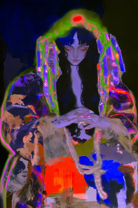 A colorful collage-style artwork shows a dark-haired woman with glowing green and multicolored streaks around her head and arms.